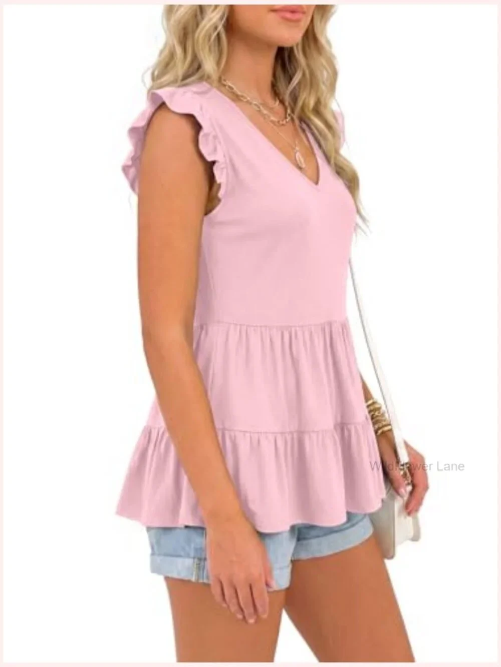 V Neck Sleeveless Ruffle Hem Peplum Babydoll Tank Top Dressy Casual Blouse - Picture 4 of 7